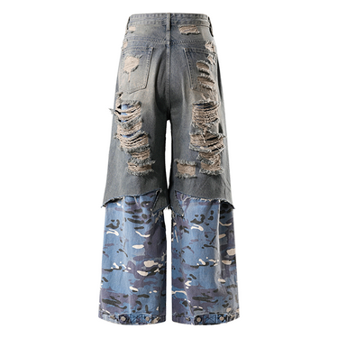 THE BOY HAS NO PATIENCE BLOOD MOON NIGHT DESTRUCTION DENIM BLUE CAMOUFLAGE FAKE TWO-PIECE TROUSERS