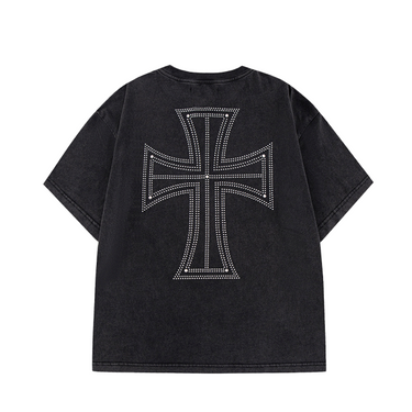 UNKNOWN OUTLINE CROSS RHINESTONE TEE / BLACK