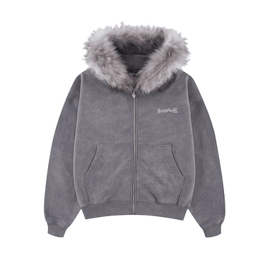 SUPPLIER FAUX FUR CROSS ZIP HOODIE / GRAY