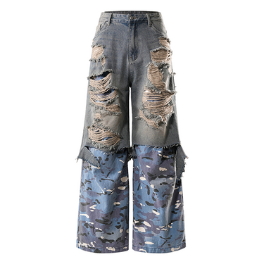 THE BOY HAS NO PATIENCE BLOOD MOON NIGHT DESTRUCTION DENIM BLUE CAMOUFLAGE FAKE TWO-PIECE TROUSERS