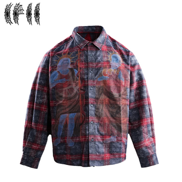 THE BOY HAS NO PATIENCE DOUBLE SAINT MURAL PLAID SHIRT / BLUE