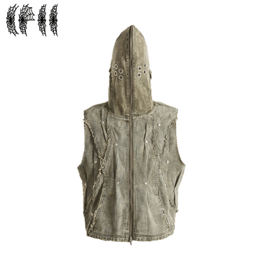 THE BOY HAS NO PATIENCE ECLIPSE OF THE BLOOD MOON BRUSHED TEXTURE DENIM HOODED VEST / GREEN