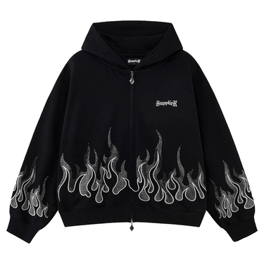 SUPPLIER Fire Pattern Rhinestone Zip Hoodie / BLACK