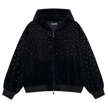 SUPPLIER MICRO CROSS RHINESTONE VELOUR  ZIP HOODIE / BLACK