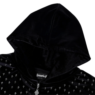 SUPPLIER MICRO CROSS RHINESTONE VELOUR  ZIP HOODIE / BLACK