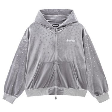SUPPLIER MICRO CROSS RHINESTONE VELOUR  ZIP HOODIE / GRAY