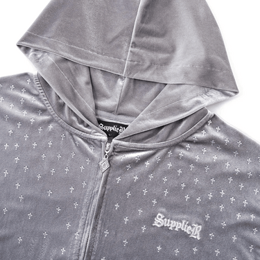 SUPPLIER MICRO CROSS RHINESTONE VELOUR  ZIP HOODIE / GRAY