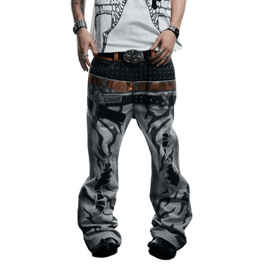 DND4DES Pistol Print Double-Waistband Baggy Pants / Dirty White
