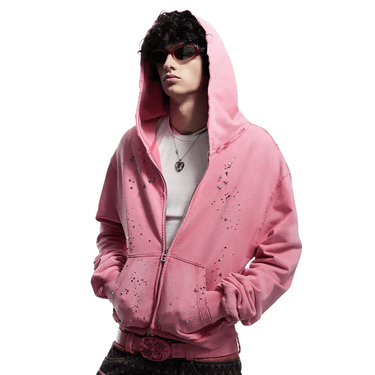 DND4DES DREAMCORE VIRGIN MARY RHINESTONE ZIP HOODIE  / PINK