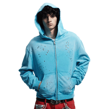 DND4DES DREAMCORE VIRGIN MARY RHINESTONE ZIP HOODIE  / BLUE