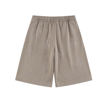 UNKNOWN OUTLINE CROSS RHINESTONE BAGGY SWEAT SHORTS / BEIGE